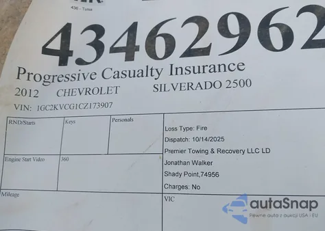 2012 Chevrolet Silverado 2500Hd Work Truck z USA, uszkodzony, nr VIN 1GC2KVCG1CZ173907